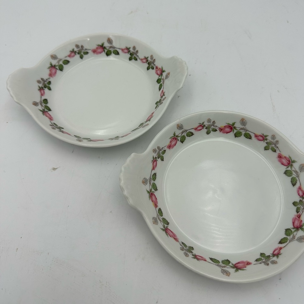 2 APILCO FRENCH ROSE THEME TRAYs W/HANDLES Soap/Jewelry Dishes Chamart, France
